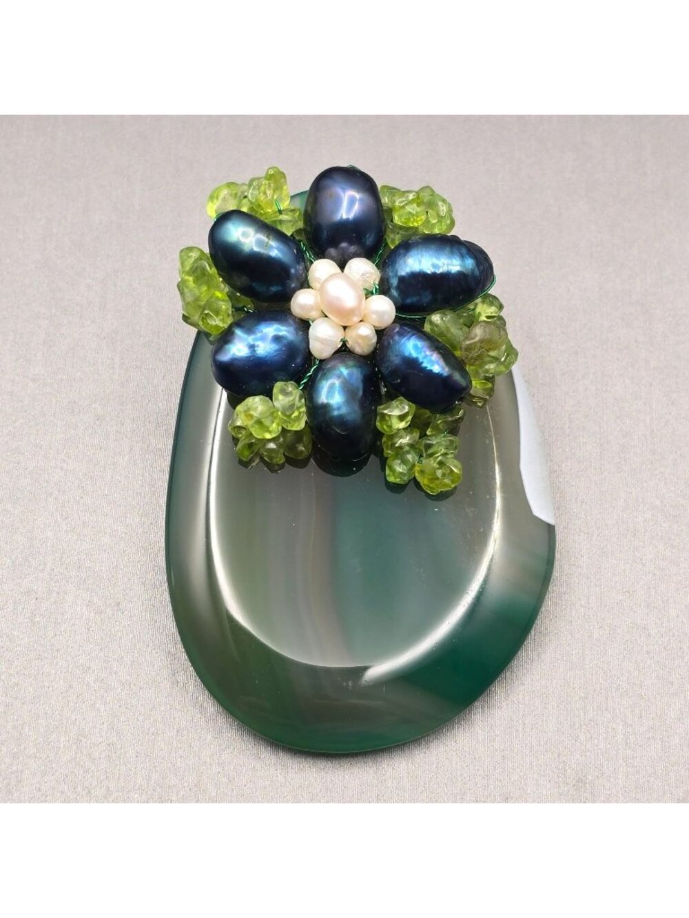 Vintage Green Banded Agate Brooch Pendant Pearl Floral YZ Yashgan Designer
